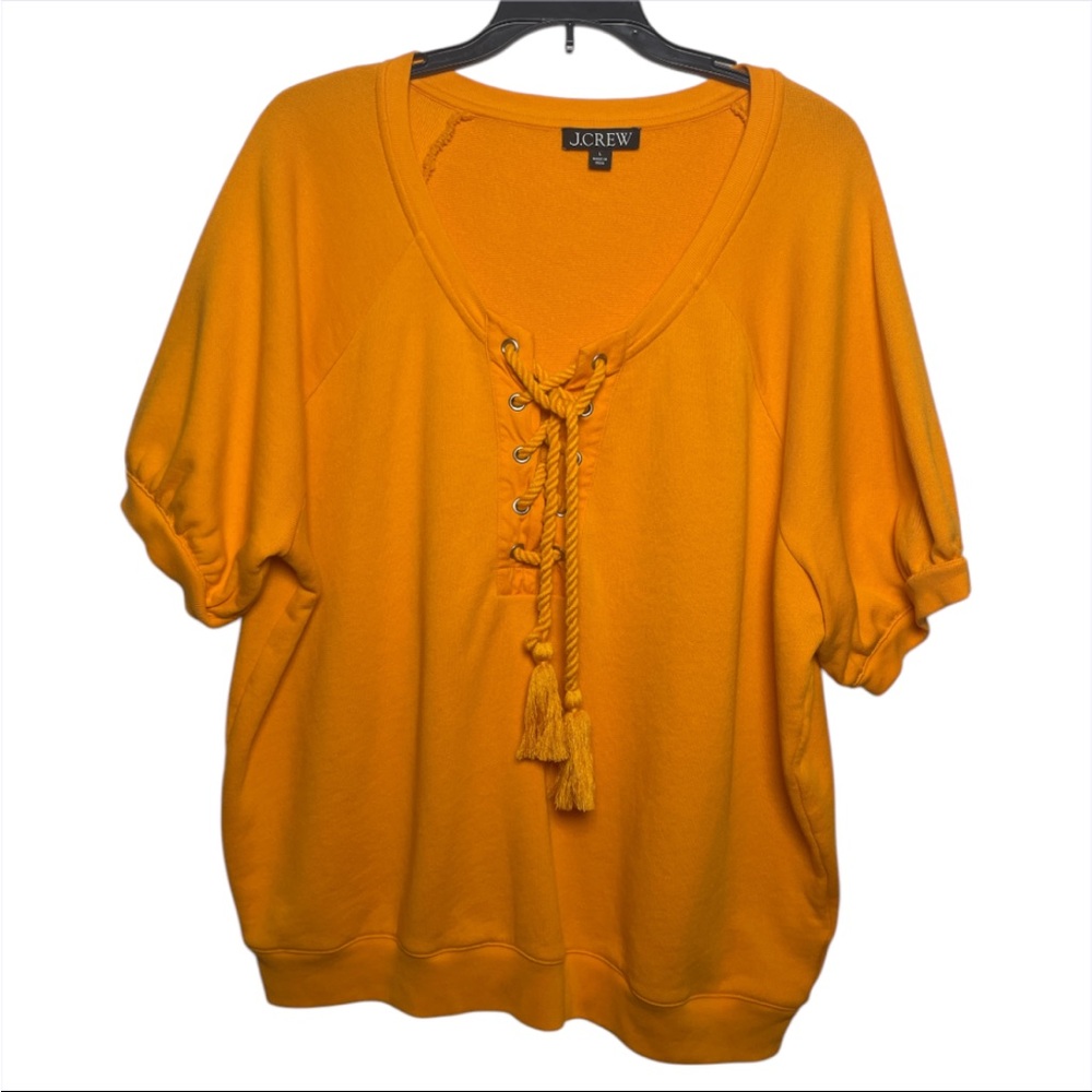J.CREW Lace Up Sweatshirt Apricot Orange Short Raglan Sleeve Cotton Size Large